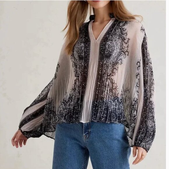 Anthropologie Forever That Girl Pleated Sheer Cream & Black Top, Mandarin Collar - Picture 1 of 7